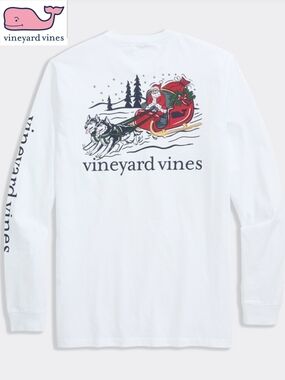 NWT Vineyard Vines Mens Small Santa & Huskies Dog Sleigh White Long Sleeve Tee